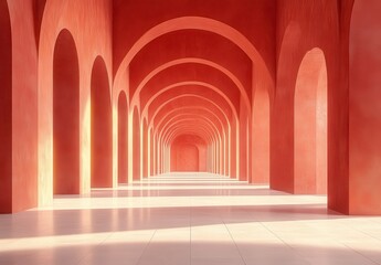Obraz premium Stunning Abstract Architecture with Smooth Arches and Warm Coral Walls Creating an Expansive, Inviting Atmosphere for Modern Design Projects and Visual Inspiration