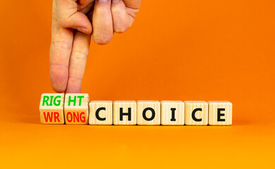 Right or wrong choice symbol. Concept words Right choice or Wrong choice on beautiful wooden...