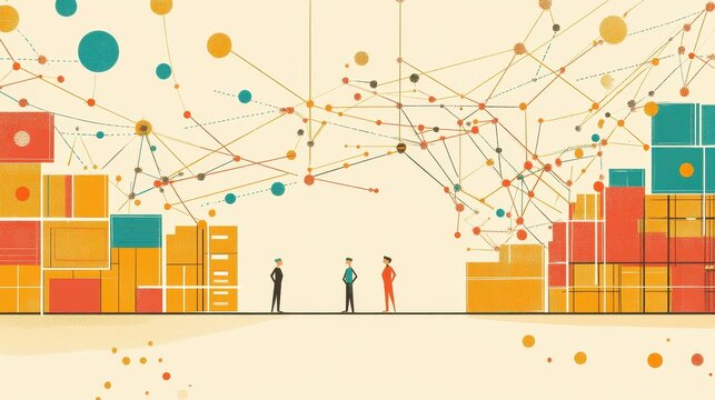 distribution network flat design side view retail theme cartoon drawing Split-complementary color scheme 