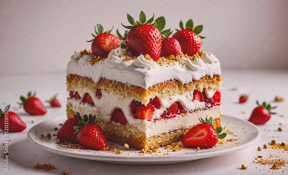 Poster a strawberry cake with whipped cream and strawberries on top. the cake is cut into slices and placed
