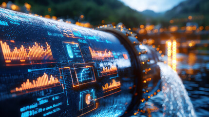 high resolution digital illustration of hydroelectric power system showcasing data visualization and analytics on water pipe. image conveys innovation and technology in renewable energy