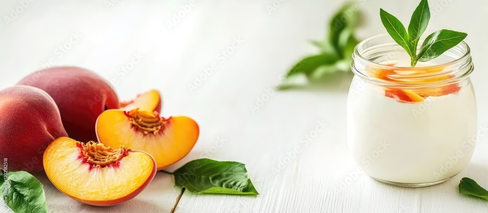 Poster fresh peach yogurt with sliced peaches and green leaves on a light wooden surface with copy space fo