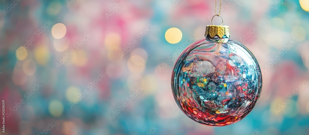 Poster close-up of a colorful christmas ornament hanging with blurred multi-colored background and copy spa