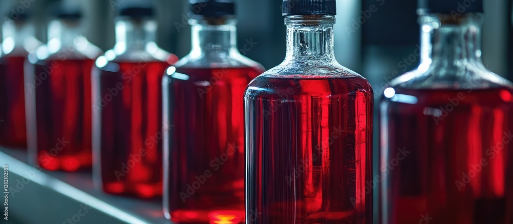 Poster Glass bottles filled with red liquid lined up on a shelf with soft focus and Copy Space available for text.
