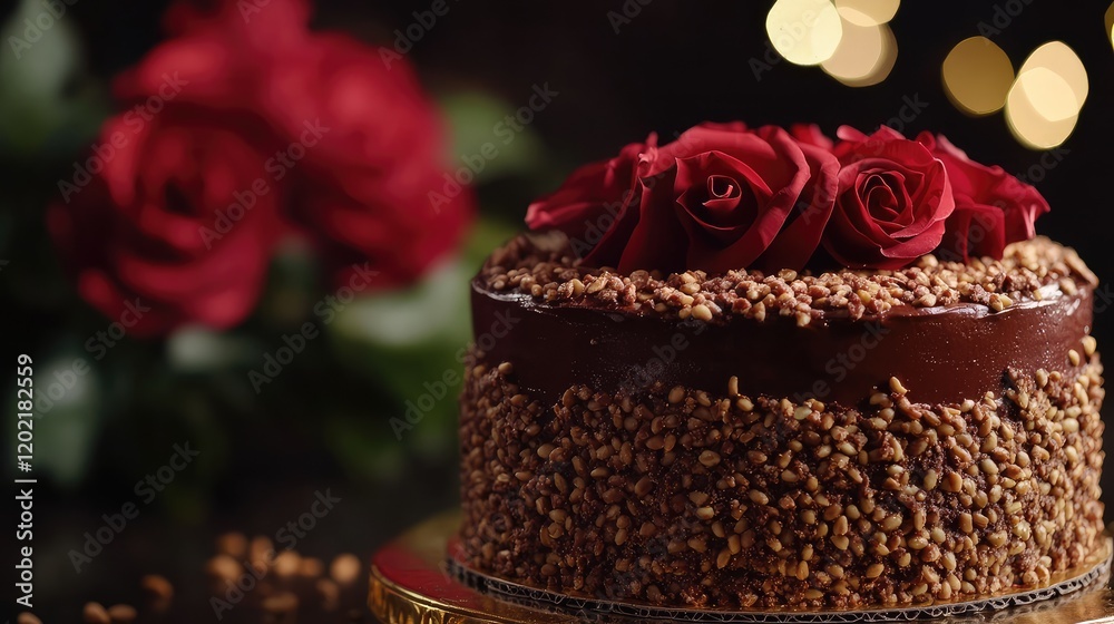 Poster chocolate cake decorated with red roses and nuts on a wooden surface with blurred roses and lights i