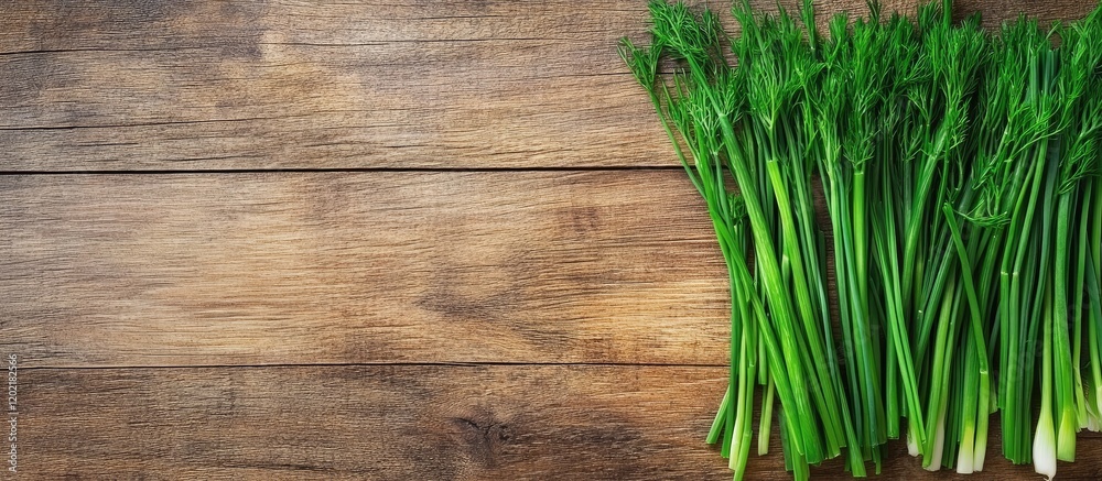 Aufkleber Fresh green onions on a rustic wooden background with ample copy space for text or design elements.