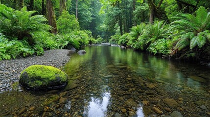 Obraz premium Calm forest river, lush greenery, sunlight, tranquil nature scene, perfect for relaxation