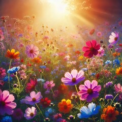 Obraz premium A colorful wildflower meadow in full bloom, with soft sunlight streaming through, casting a warm glow on the vibrant petals