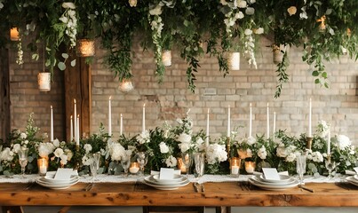 Elegant table setting with white flowers candles and hanging glass lanterns for a special event