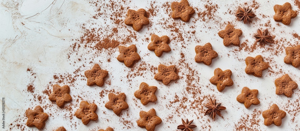 Poster gingerbread cookies in star shapes arranged on a textured surface with cocoa powder and star anise s