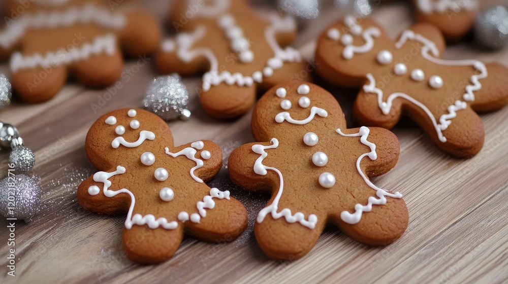 Aufkleber gingerbread cookies with decorative icing and edible pearls on a wooden surface with silver ornament