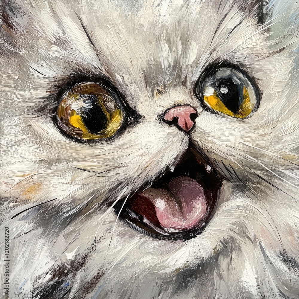 Poster Fluffy white cat with large yellow eyes and an open-mouthed expression on a textured background Copy Space