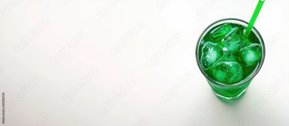 Aufkleber Green beverage with ice cubes in a glass on a light background with copy space for text