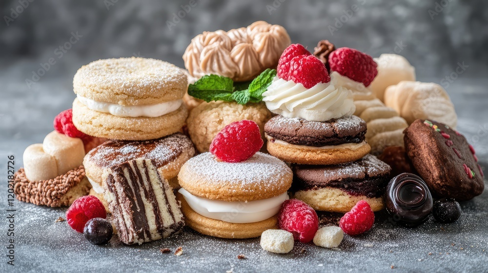 Aufkleber assorted cookies and pastries with fresh raspberries and mint leaves on textured grey background cop
