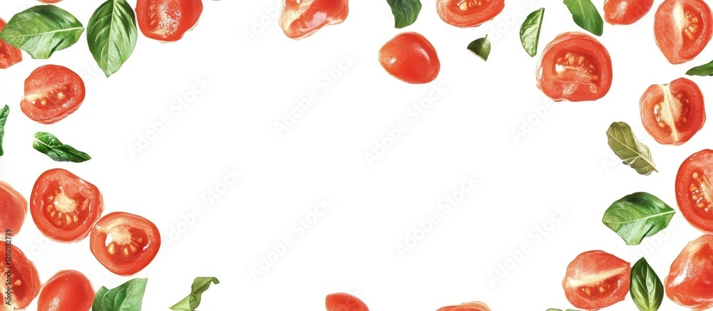 Poster Sliced cherry tomatoes and fresh basil leaves arranged in a circular pattern with Copy Space for text on a white background