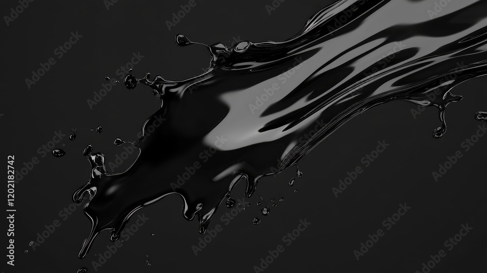 Poster black liquid splash on black background with flowing motion and droplets for texture illustration co