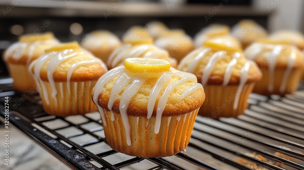 Poster lemon glazed cupcakes on a cooling rack with lemon slice decoration and icing drizzle copy space