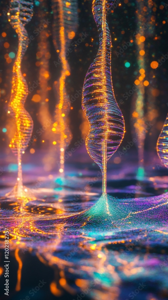 Poster abstract glowing strands rising from a shimmering surface with colorful bokeh effect in the backgrou