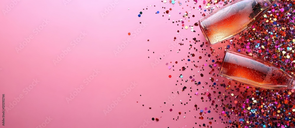 Aufkleber Glitter and sparkling champagne flutes on a pink background with Copy Space for text placement
