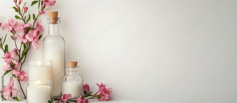 Poster glass bottles with candles and pink flowers on a light background with copy space for text or decora