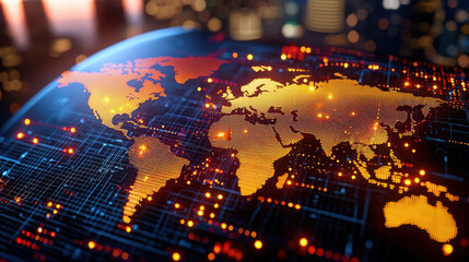 high resolution image of global map with glowing orange lights, representing data connections and networks across continents, set against blurred cityscape background