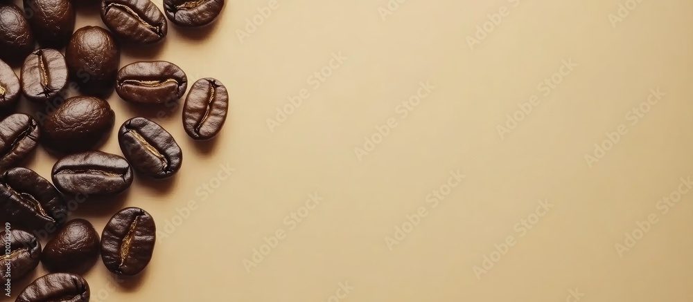 Poster Coffee beans on a beige background with copy space for text placement