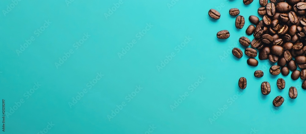 Poster Coffee beans on a bright turquoise background with copy space for text or design elements