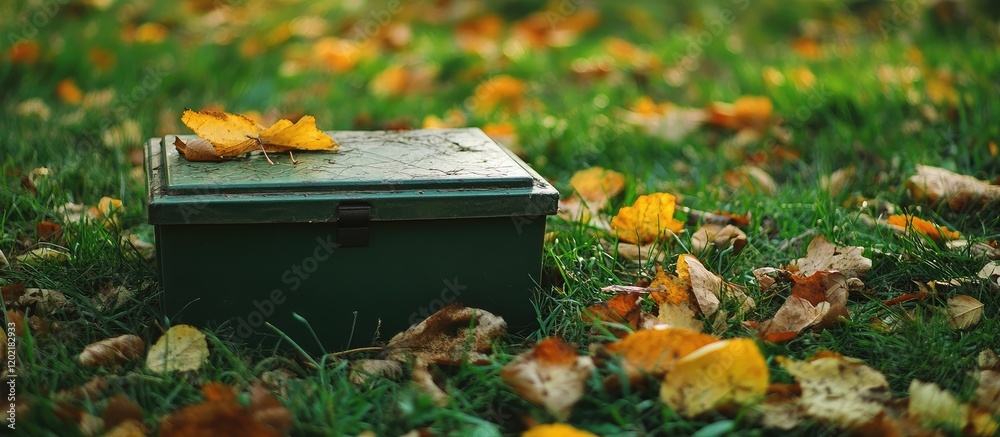 Poster vintage green box on ground surrounded by autumn leaves in natural setting with soft focus and copy 
