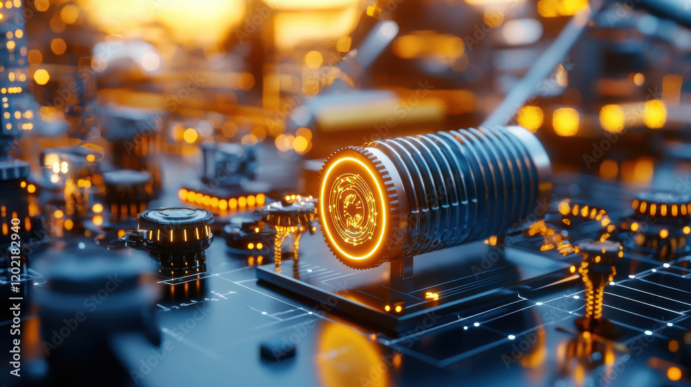 Poster futuristic close up of glowing circuit board with intricate components, showcasing technology and innovation. warm light creates captivating atmosphere