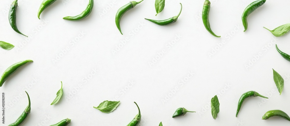 Poster Green chili peppers and leaves arranged in a circular layout on a white background with copy space for text insertion