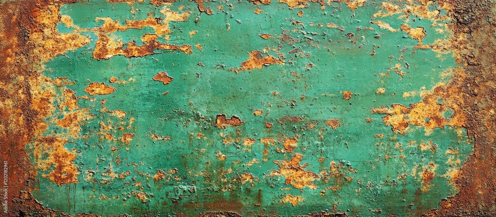 Poster weathered turquoise metal surface with rust texture and peeling paint, suitable for backgrounds or a