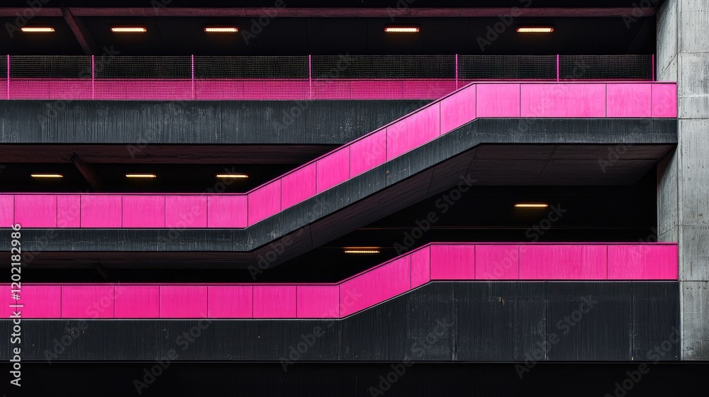 Poster Abstract geometric patterns with pink and black color scheme in a modern parking structure featuring architectural lines and copy space.