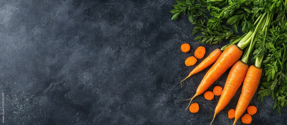 Poster fresh organic carrots with green tops and sliced pieces on dark textured background with ample copy 