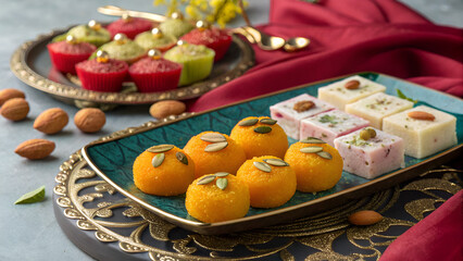 Obraz premium Festive Indian sweets assortment on an ornate platter with almonds and decorative fabric