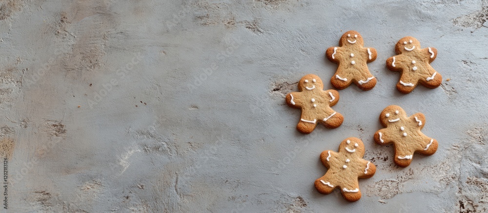 Poster gingerbread men cookies on a textured surface with copy space for text placement