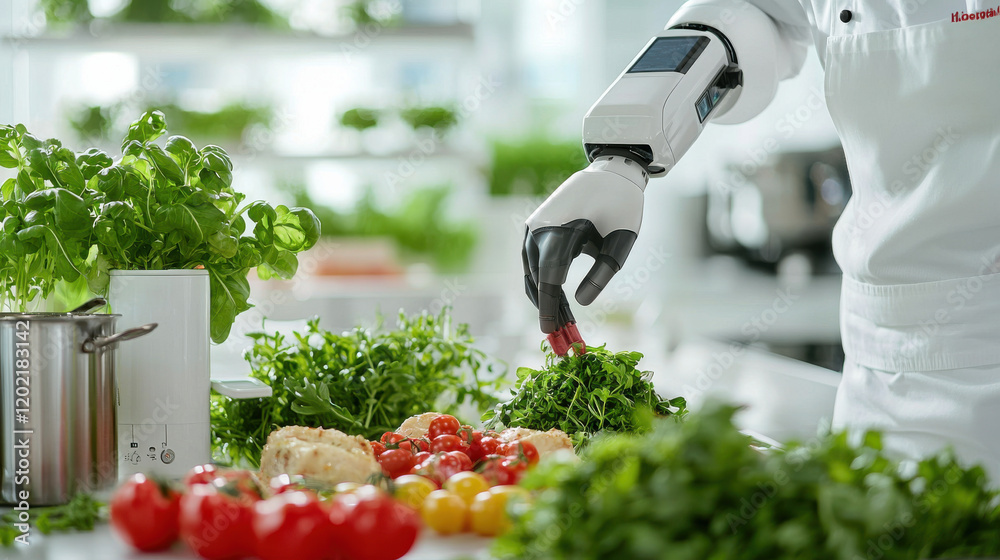Aufkleber robotic arm skillfully prepares fresh vegetables in modern kitchen, showcasing advanced technology i