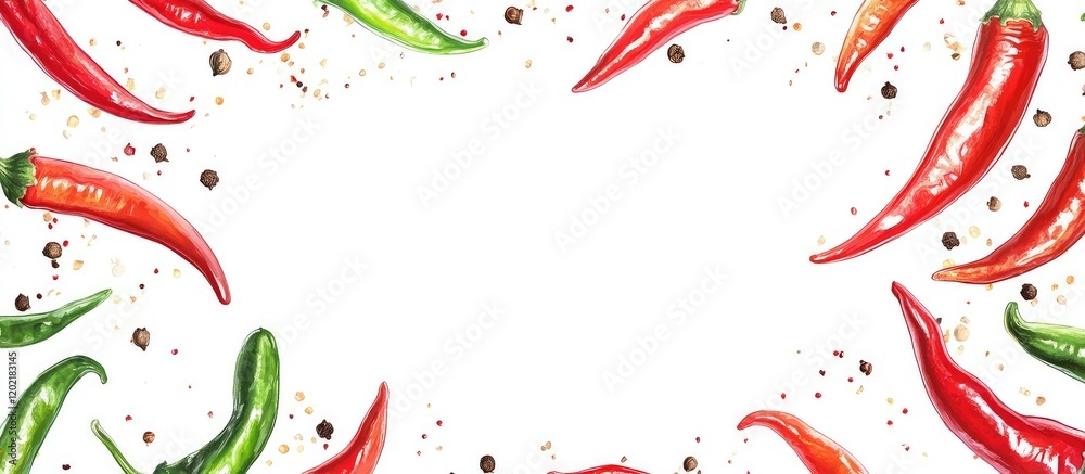 Poster red and green chili peppers with spices on white background and copy space for text