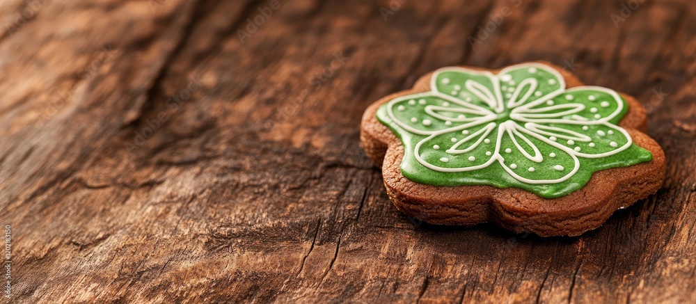 Poster green frosted flower-shaped cookie on wooden table with copy space for text