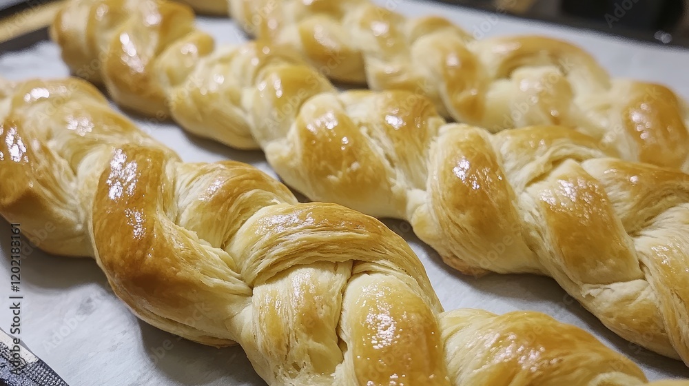 Poster braided golden pastry on baking paper with glossy finish and distinct texture copy space