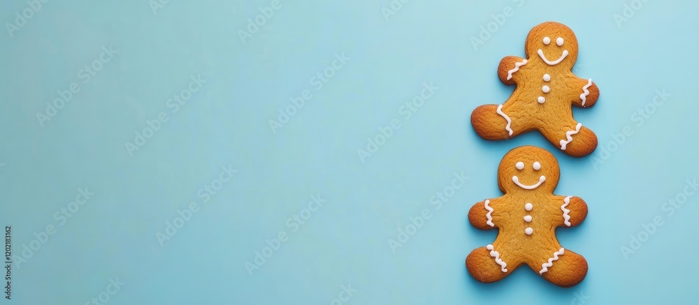 Poster gingerbread cookies with icing on blue background with copy space for text