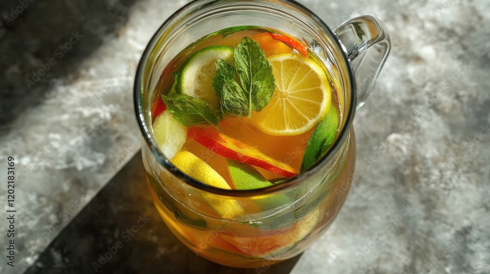 Poster refreshing lemonade pitcher with mint, lemon, and colorful fruits on a textured surface with natural
