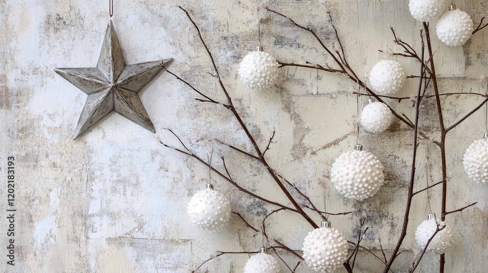 Poster decorative white ornaments and rustic star hanging from branches against a textured vintage wall wit