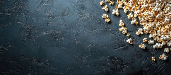 Popcorn scattered on a dark textured surface with ample copy space for text placement