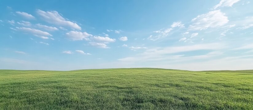 Vast green grass field under blue sky with white clouds and Copy Space for text placement