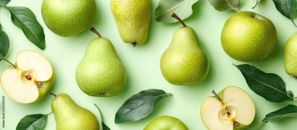 Aufkleber fresh green pears and apple halves arranged on a light green background with leaves and ample copy s