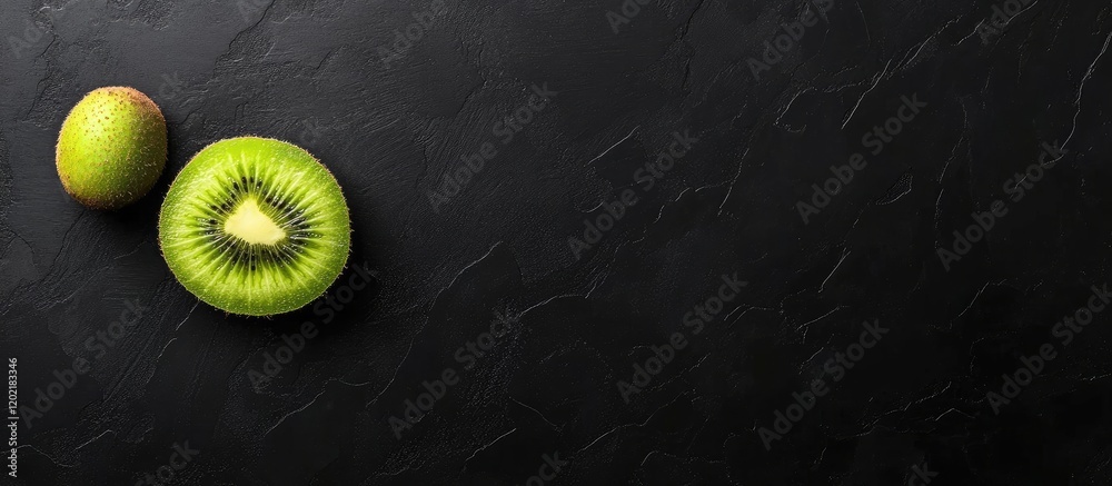 Poster Fresh whole kiwi and sliced kiwi fruit on dark textured background with Copy Space
