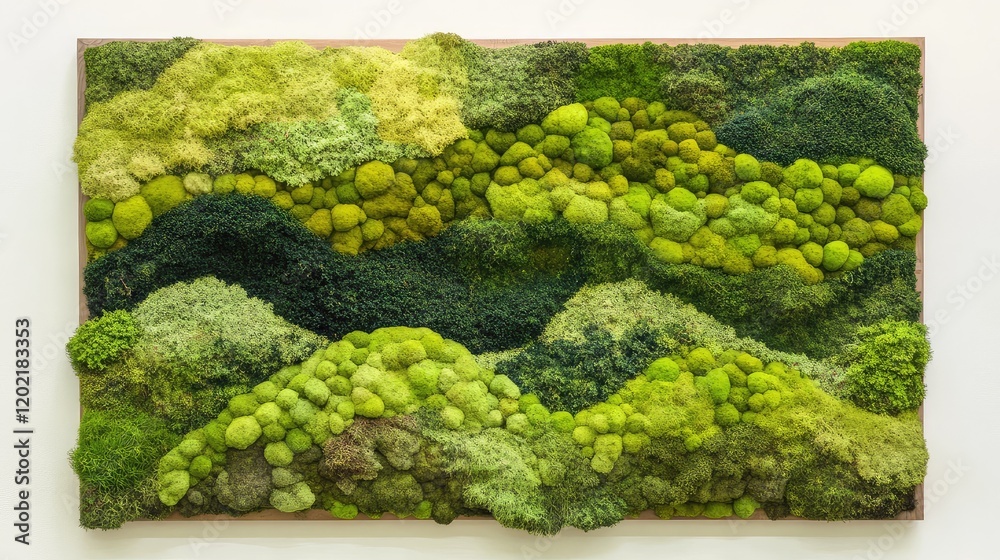 Poster vertical abstract wall art installation made from various shades of green moss on a wooden panel wit