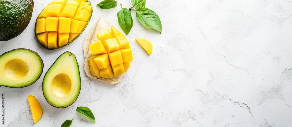Poster fresh mango and avocado halves arranged on a marble surface with green leaves and copy space for tex