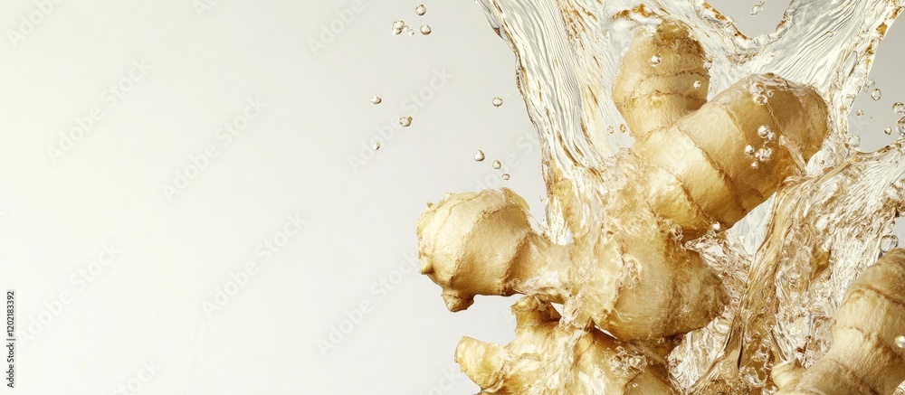 Poster Ginger roots splashing in water on light background with Copy Space for text placement
