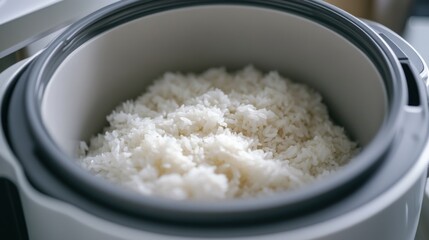 Modern rice cooker with freshly cooked rice. Emphasizing convenience and modern cooking technology. Ideal for appliance advertisements and cooking blogs.